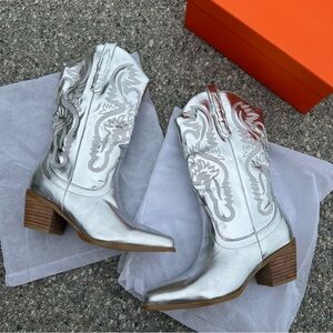 Cowboy Boots for Women Metallic Mid Calf Cowgirl Boots Pull-on Pointed-toe